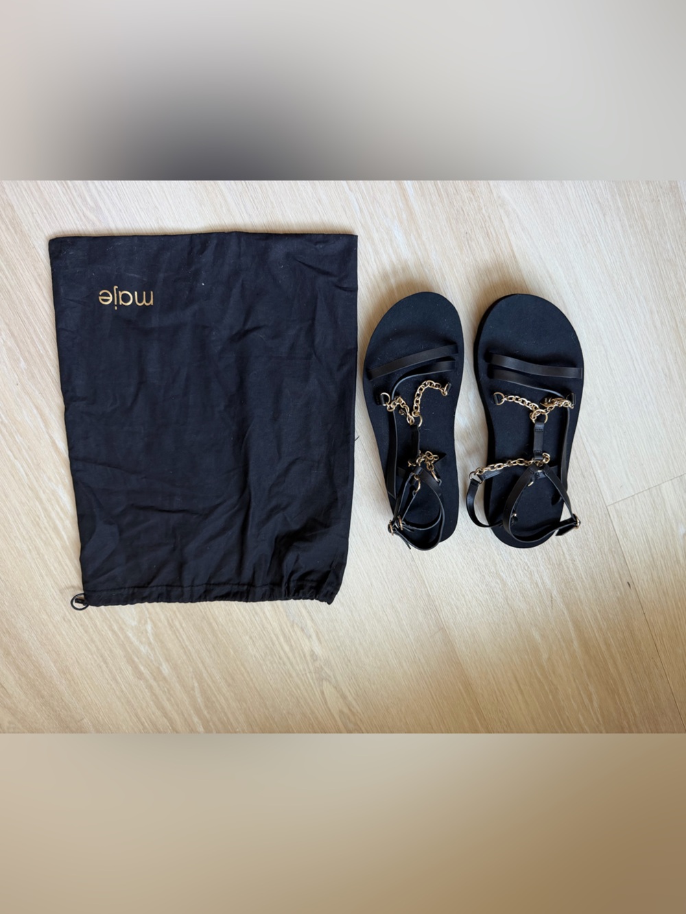 Maje Black Sandals with Gold Chain Trim